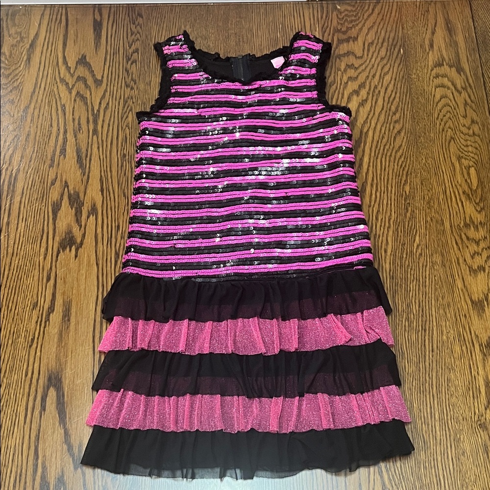Pink and Black Sequin Stripe Ruffle Dress - Girls